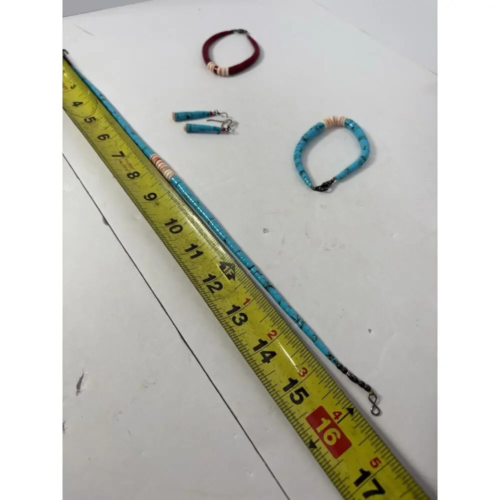 Block Turquoise and Coral Graduated Heishi Necklace, Bracelets And Earrings Set - Picture 14 of 15